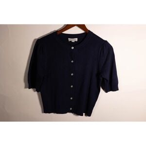 Free Assembly Womens Navy Blue Short Sleeve Puff Sleeve Cardigan‎ Sweater Size S